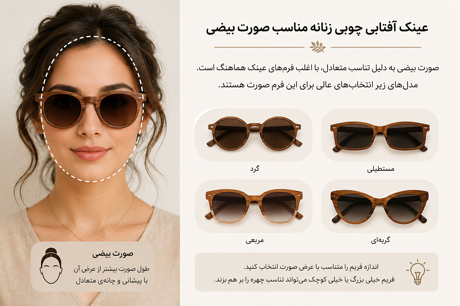 عینک آفتابی چوبی زنانه مناسب صورت بیضی