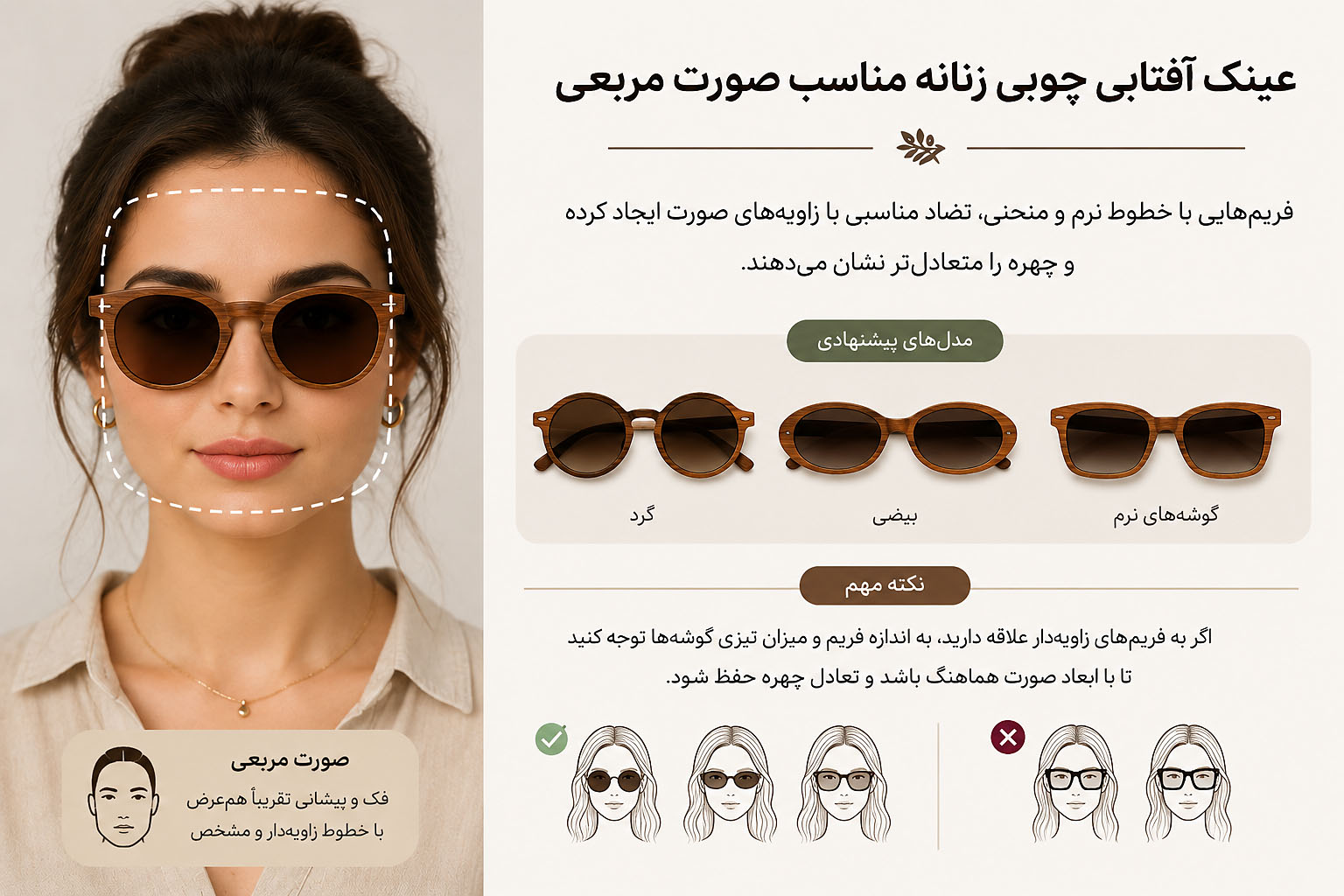 عینک آفتابی چوبی زنانه مناسب صورت مربعی