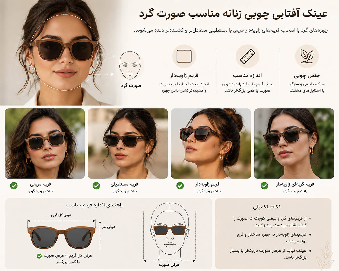 عینک آفتابی چوبی زنانه مناسب صورت گرد